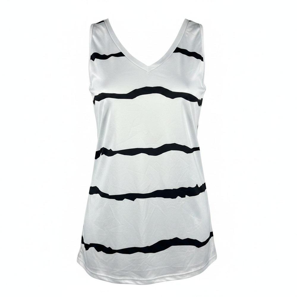 Fantaslook‎ Women's Striped V-Neck Tank Top White Black Sleeveless Size Large
